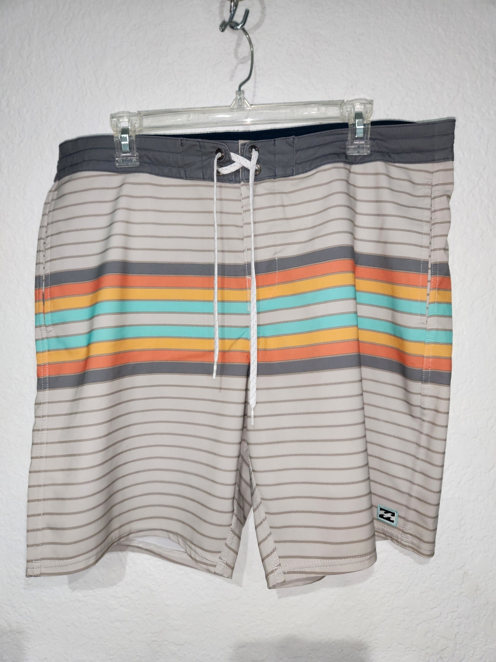 Billabong Men's Beige Swim Board Shorts with Orange & Teal Stripes